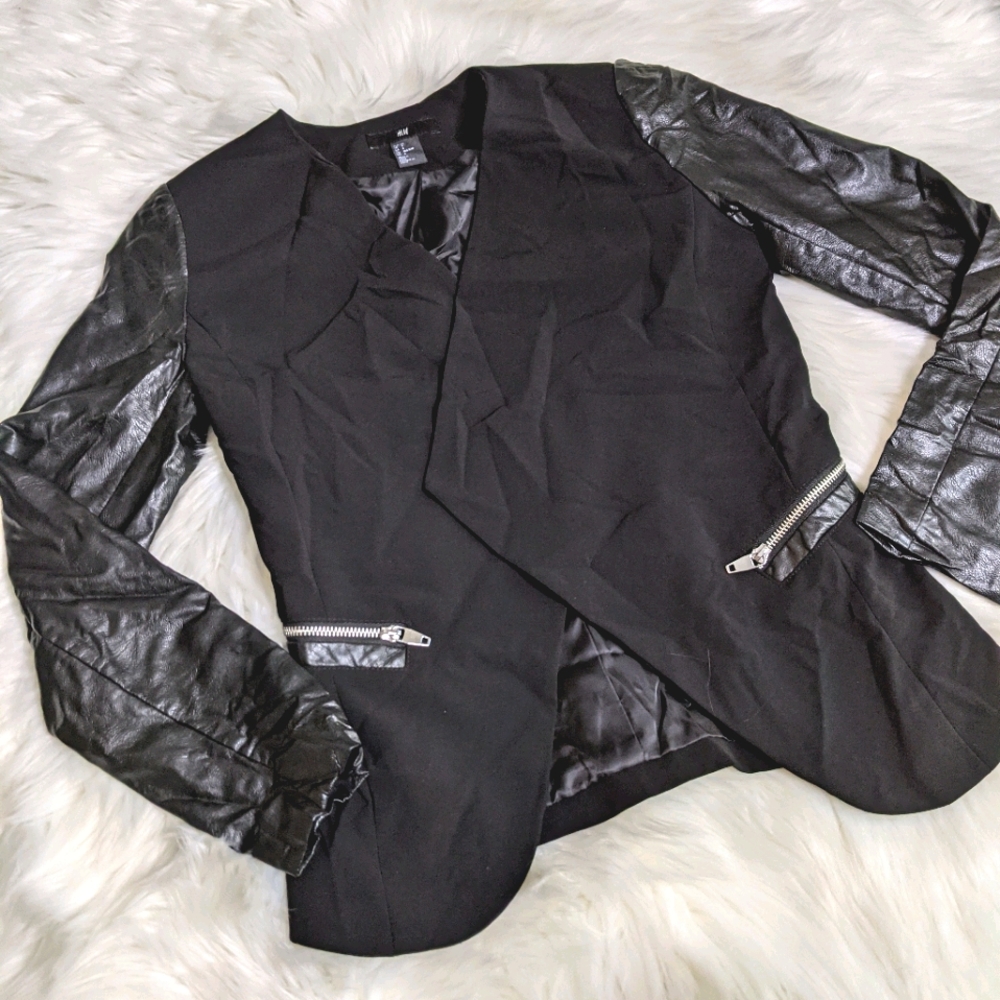 H&M Black Leather Accent Sleeves Jacket Open Front